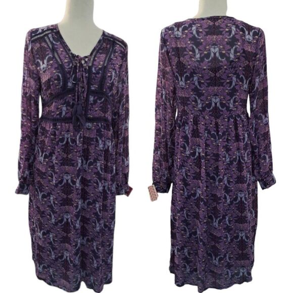 Xhilaration Women's Floral Long Sleeve Front Tie Tassel Boho Midi Dress Medium - Picture 2 of 8